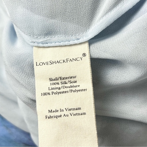 LOVESHACKFANCY Silk Floral Ruched Tie Neck Puff Long Sleeve Tier Ruffle Dress XS - Picture 9 of 10